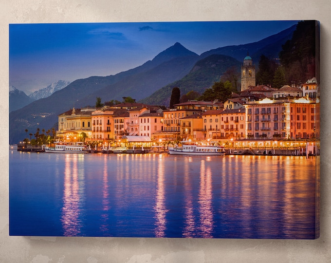 Bellagio Lake Como Wall Art Home Decor Canvas Eco Leather Print, Made in Italy!