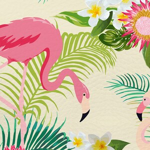 May include: A tropical print featuring two pink flamingos standing in a lush green palm frond setting. White plumeria flowers and a large pink flower with yellow center are also featured in the design.