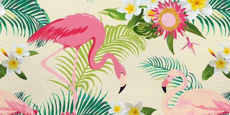 May include: A tropical print featuring two pink flamingos standing in a lush green palm frond setting. White plumeria flowers and a large pink flower with yellow center are also featured in the design.
