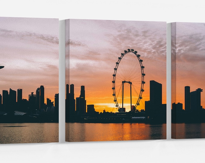 Singapore Silhouette Sunset Wall Art Home Decor Framed Canvas Print, Made in Italy!