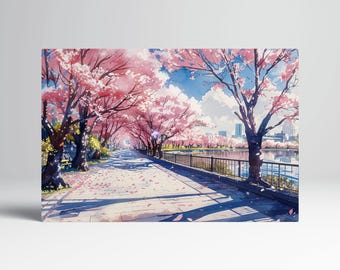 Sakura Lake Blossom Anime Eco Leather Wall Art Print