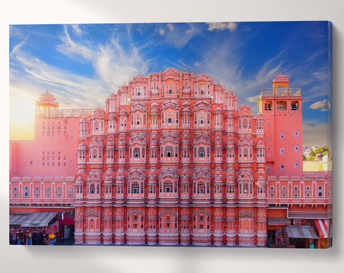 Pink Palace Hawa Mahal, Jaipur India at sunset canvas eco leather print