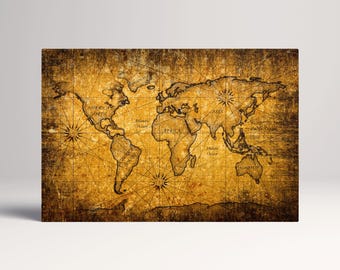Grunge World Map Industrial Style PETA Approved Eco Leather Canvas Single or Triptych Art