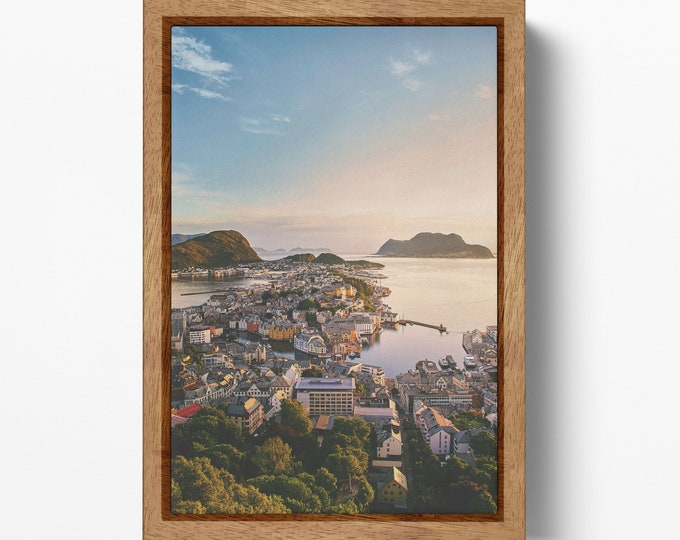 Aksla Viewpoint, Alesund, Norway Framed Canvas Wall Art Eco Leather Print, Made in Italy!