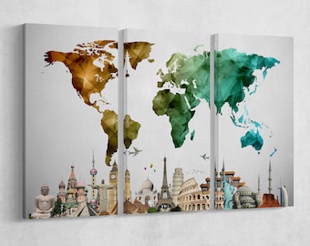 LARGE Color World Map Vector with Monuments Leather Print/Large Wall Art/Extra Large World Map/Multi Pieces World Map/Better than Canvas!