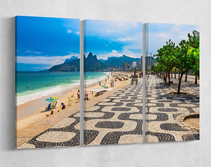 Ipanema beach with mosaic of sidewalk in Rio de Janeiro framed canvas leather print/Large Rio print/Made in Italy/Better than canvas!