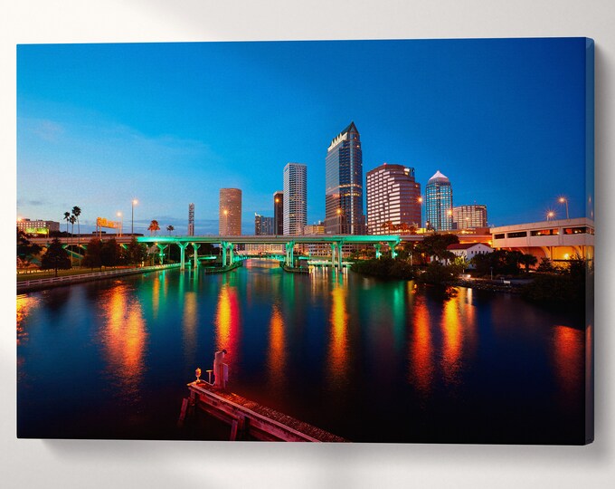 Tampa Hillsborough River Skyline Sunset Wall Art Canvas Eco Leather Print, Made in Italy!