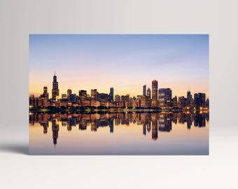Chicago Skyline Dusk Lake Michigan PETA Approved Eco Leather Single Triptych Art
