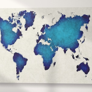 Blauwe artistieke wereldkaart op witte achtergrond canvas ecoleer print