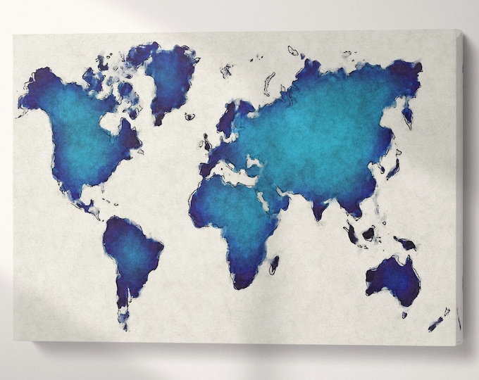 Blue Artistic World Map on White Background Canvas Eco Leather Print