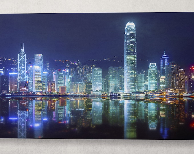 Victoria Harbor of Hong Kong Canvas Eco Leather Print, Made in Italy!