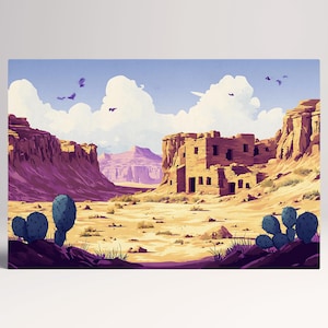 Rovine del Deserto USA Cactus e Canyon Stile Cartone Animato Canvas Stampa su Tessuto Ecopelle, Made in Italy!
