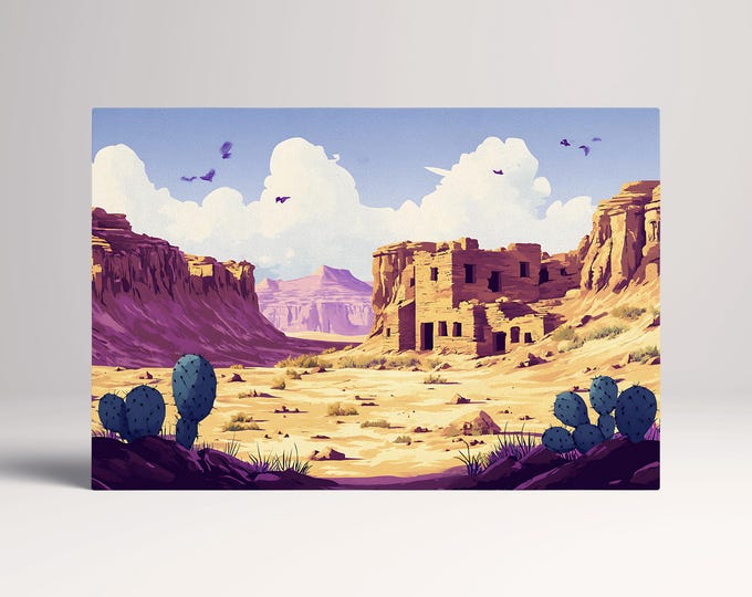 Southwest Desert Ruins Cartoon with Cactus and Canyon Scene Wall Art Eco Leather Home Decor Canvas Print, Made in Italy!
