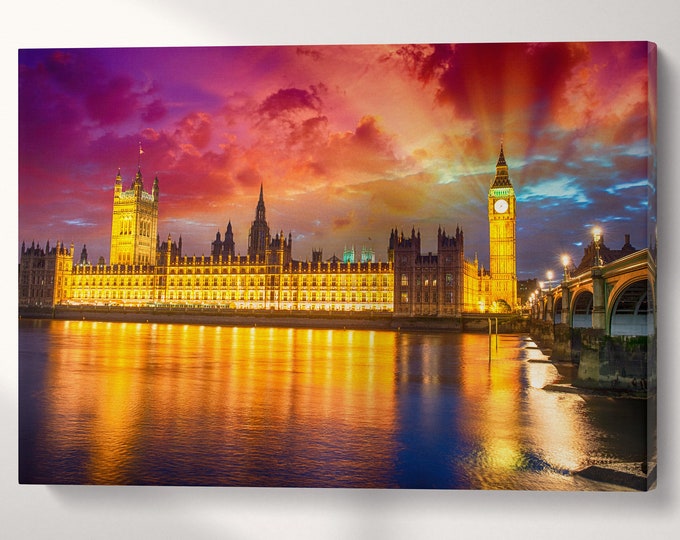 London The Big Ben and Westminster Bridge at sunset England Canvas Eco Leather Print, Made in Italy!