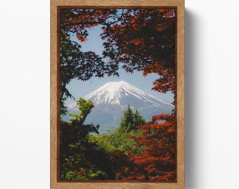 Mount Fuji Fine Art Print, Japanese Autumn Landscape, Red Maple Wall Decor