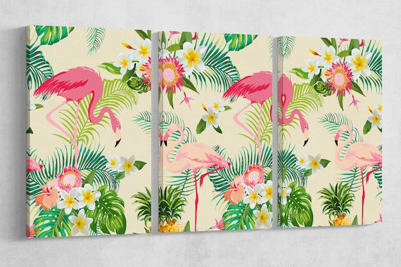 Tropical Flamingo Floral Wall Art Vegan Leather Canvas Print Ready to Hang