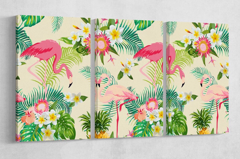 May include: A tropical print featuring pink flamingos, green palm leaves, and white flowers on a cream background. The print is divided into three panels.