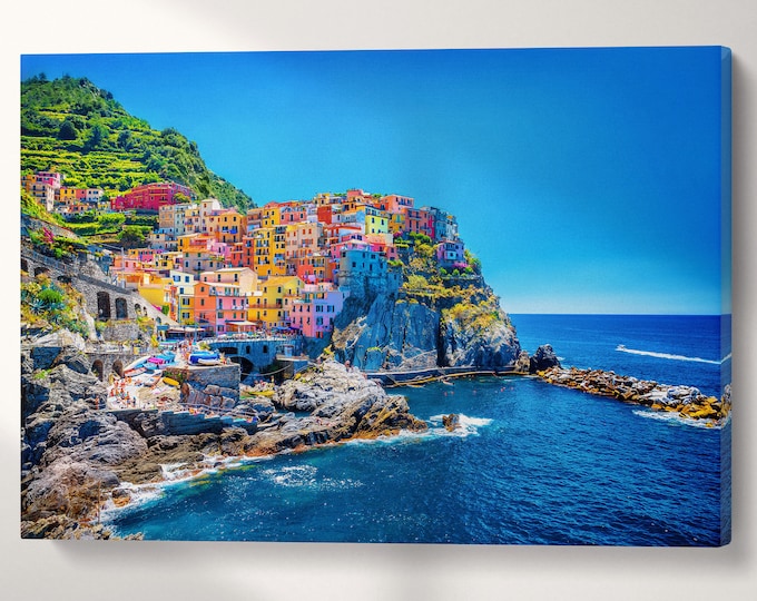 Manarola Cinque Terre Liguria Italy Canvas Eco Leather Print, Made in Italy!