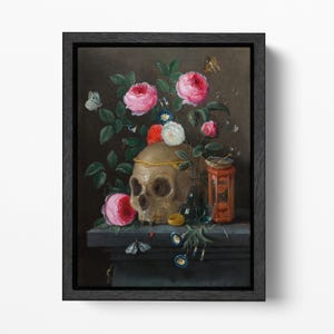 Naturaleza muerta con calavera de Vanitas de Jan van Kessel, arte de pared en lienzo floral gótico con impresión de cuero ecológico