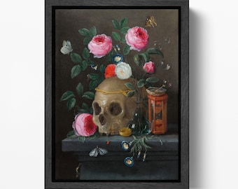 Vanitas Skull Still Life Gothic Floral Wall Art Vegan Leather Print Ready to Hang