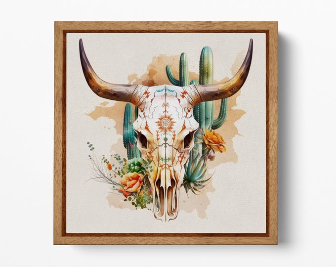 Desert Spirit - Western Longhorn Skull with Cacti and Blooms Wall Art Framed Canvas Eco Leather Print, Made in Italy!
