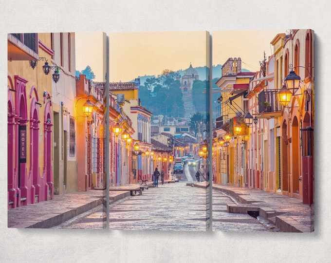 San Cristobal de las Casas in Chiapas, Mexico colorful houses facades canvas leather print