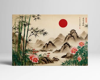 Bamboo Peaks - Chinese Art Inspired Wall Decor Eco Leather Print, Made in Italy!