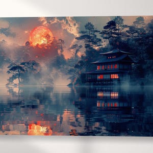 Riflessi Magici Sotto la Luna di Fuoco Anime Giappone stampa canvas su tessuto ecopelle Made in Italy