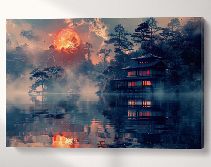 Mystic Reflection Under the Ember Moon Anime Canvas Wall Art Eco Leather Print, Made in Italy!