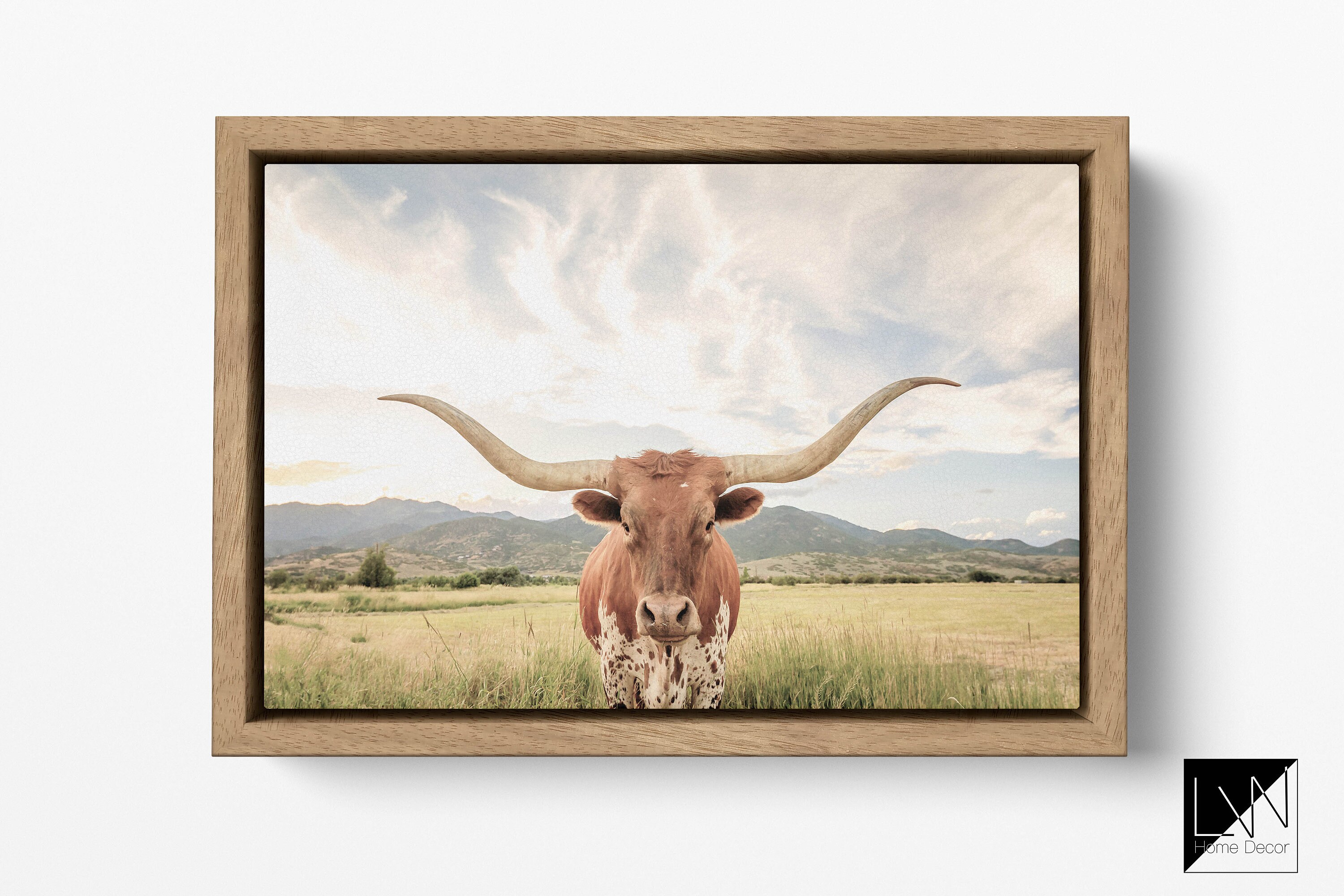 Texas longhorn steer with floating frame canvas leather print/Large wall art/Longhorn cow print