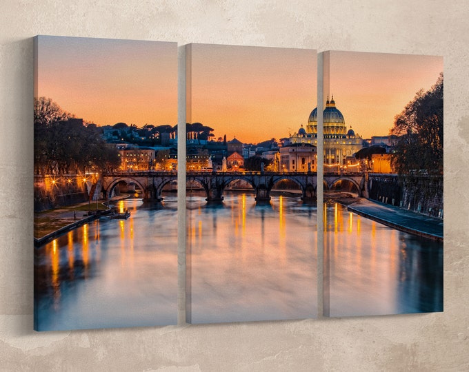 3 Pieces Rome, Sunset at Saint Peter's Basilica Leather Print/Extra Large Print/Large Wall Art/Multi Panel Wall Decor/Better than Canvas!