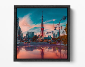 Japan Tokyo Tower Reflections At Dusk Square Framed Canvas Wall Art Eco Leather Print, Made in Italy!