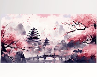 Cherry Blossom Japanese Pagoda Vegan Leather Canvas Print - Made in Italy