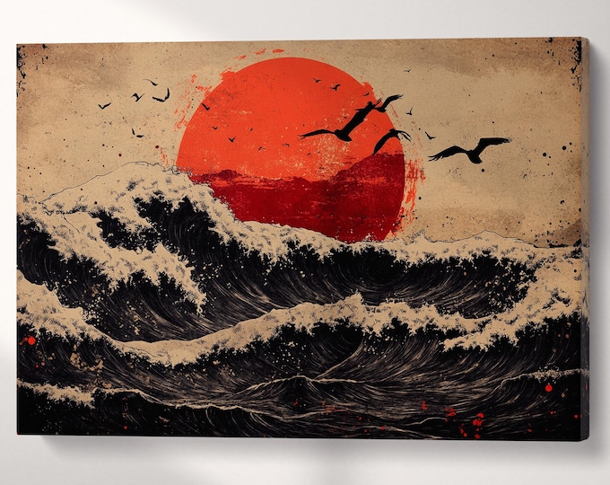 Red Sun, Dark Waves: A Ukiyo-e Inspired Ocean Japanese Style Artwork Canvas Wall Art Eco Leather Print, Made in Italy!