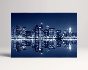 Manhattan Skyline Night New York PETA Approved Eco Leather Canvas Multi Panel