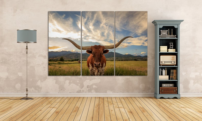 Texas longhorn steer 3 panel canvas home art print