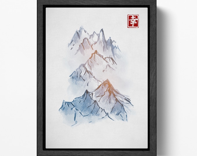 Japan Mountains Artwork Wall Art Framed Canvas Eco Leather Print, Made in Italy!