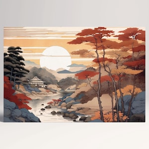 Paesaggio Autunnale Ukiyo-e Natura e Architettura Giapponese Canvas Stampa su Tessuto Ecopelle, Made in Italy!