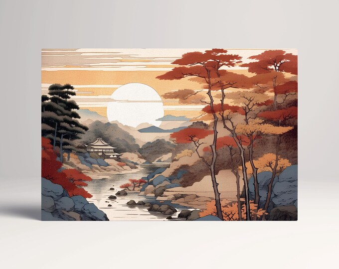Ukiyo-e Style Autumn Landscape Japanese Nature Eco Leather Wall Art Canvas Print, Made in Italy!