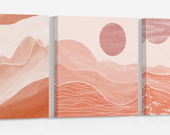 Boho Abstract Landscape Pink Sun PETA Approved Eco Leather Canvas Multi Panel Art