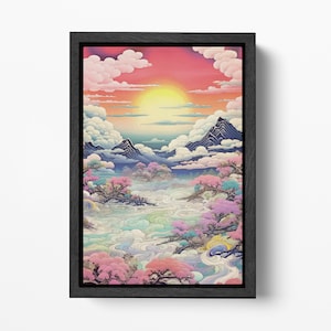 Tramonto Vibrante Su Nuvole Pastello E Ciliegi in Fiore Arte Giapponese Stampa su Tessuto Ecopelle Made in Italy
