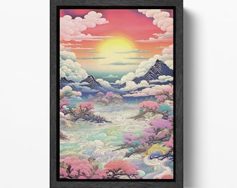 Japanese Sunset Cherry Tree Wall Art Vegan Leather Print Ready to Hang
