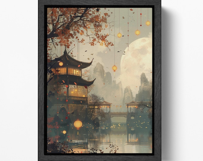 Chinese Lantern Festival | Moonlit Night Landscape Print | Traditional Asian Art Canvas Wall Art Eco Leather Print, Made in Italy!