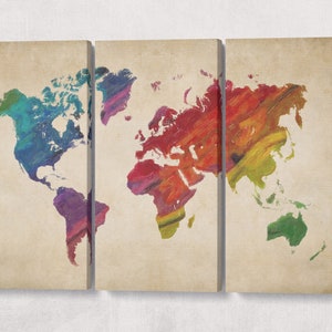 Carte du monde arc-en-ciel sur fond beige, impression sur cuir/grande oeuvre d'art murale/décoration murale/très grande carte du monde/carte du monde multi-panneaux/mieux que la toile