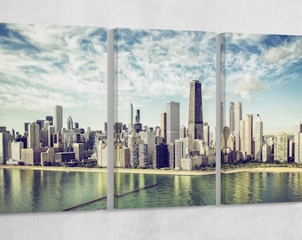 Chicago Skyline Aerial Beach View Eco Leather Wall Art Print