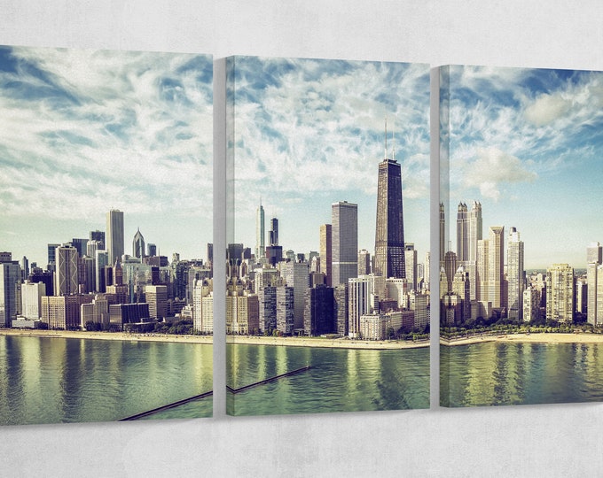 Chicago Skyline aerial view by the beach, vintage colors leather print/Chicago large print/Multi panel wall art/Better than Canvas!