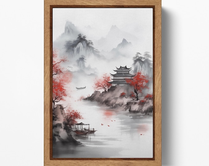 Mystical Waters: Asian Autumn Landscape with Pagoda on the Lake Canvas Wall Art Eco Leather Print, Made in Italy!