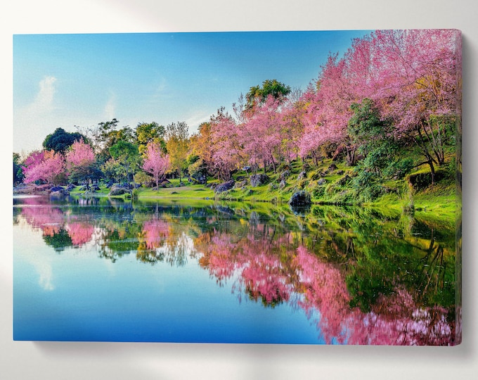 Japan Cherry Tree Blossom Lake Reflection Wall Art Canvas Eco Leather Print, Made in Italy!