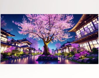 Japanese Anime Sakura Night Cherry Blossom PETA Approved Eco Leather Single Triptych Art