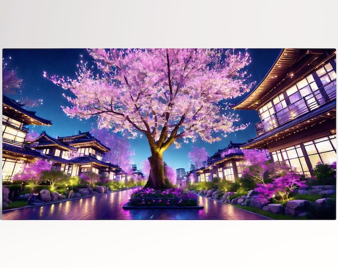 Sakura Houses Lights At Night Japan Anime Landscape Wall Art Home Decor Framed Canvas Print, Made in Italy!